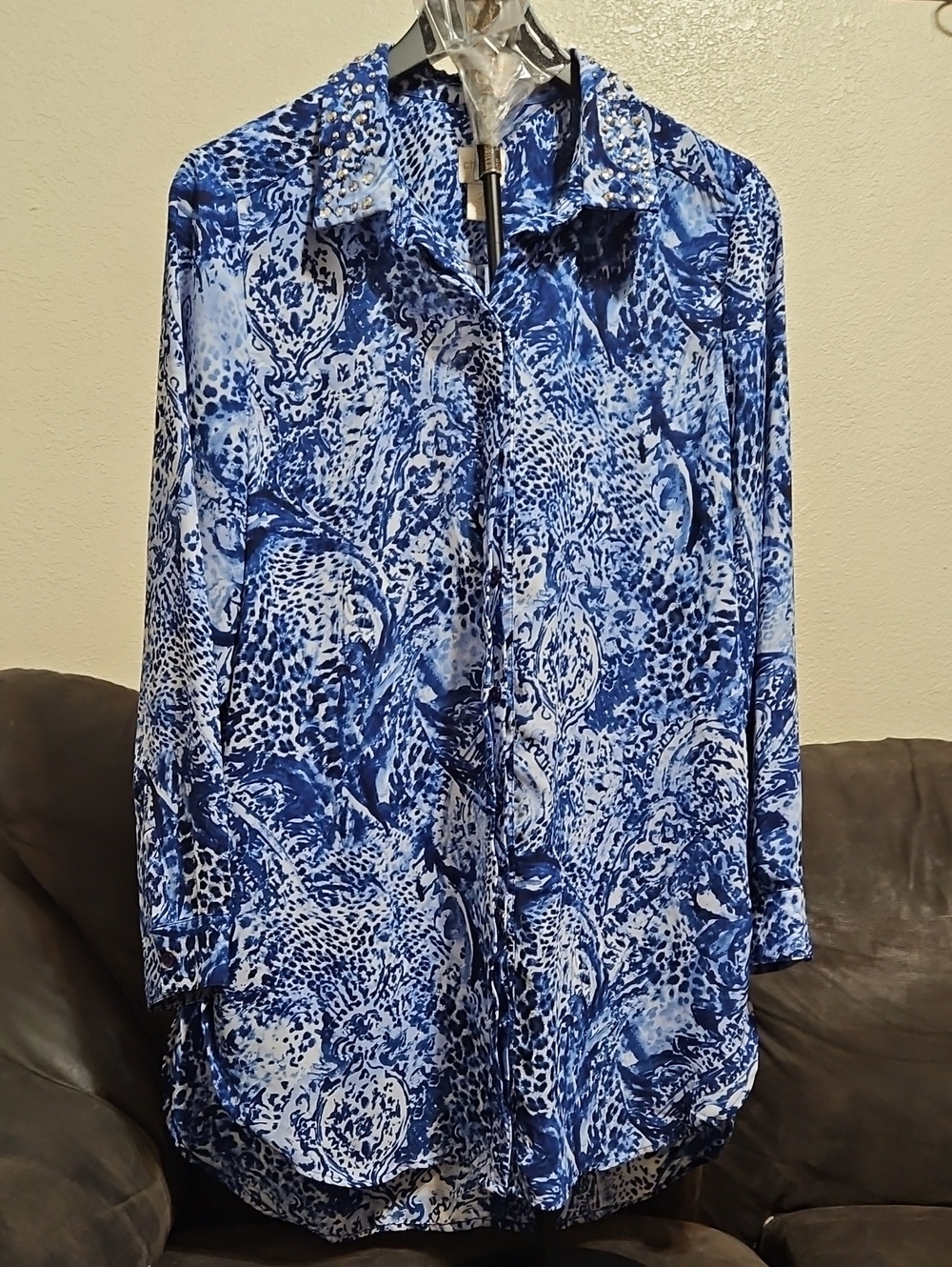 Chico's Blue & White Abstract-Animal Print Button-Front Long Sleeve Shirt Dress